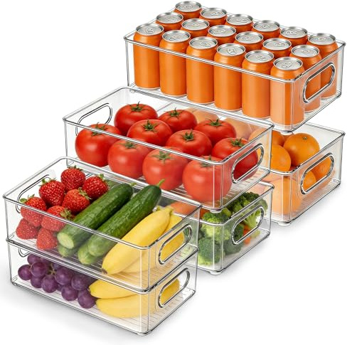 Fridge Storage Organiser- 6 Pack (3 Sizes) Storage Containers | With Handles- Multipurpose Organizer Boxes For Kitchen, Stackable Transparent Container for Pantry, Freezer, Cabinet, Drawer