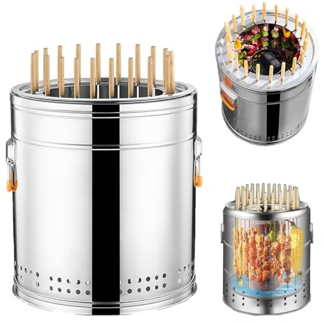 Grils à charbon de bois sans fumée en acier inoxydable, poêle à charbon rond portable, barbecue d'extérieur sans fumée à 360 ° for les voyages, la cuisine en plein air et les barbecues(Single,M)