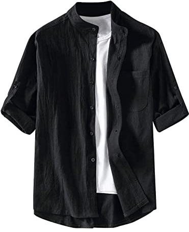 Generico Camicia di Lino Uomo Camicie Traspirante Shirt Minimalista Fresco Estiva Giacca Leggero Cardigan Versatile Comodo Maglia Casuale Elegante Morbido