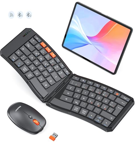 MEETION Ergonomische Faltbare Tastatur und Maus, Bluetooth, Kabellos | Ultradünnes, wiederaufladbares Set für Reisen und Büro, kompatibel mit Windows, Mac, iOS und Android