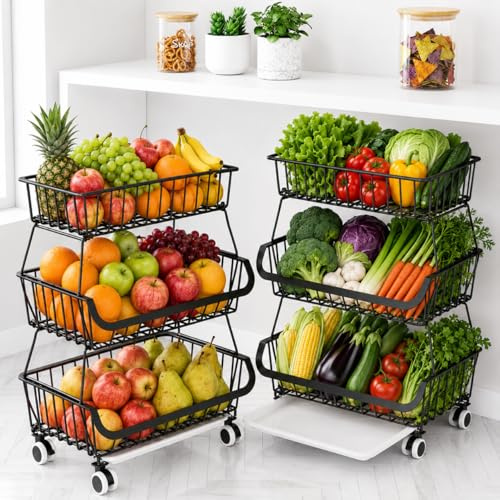 Cestino per frutta a 3 livelli, in metallo, con ruote, per frutta, verdura, cipolle, patate, snack, cucina, dispensa, nero