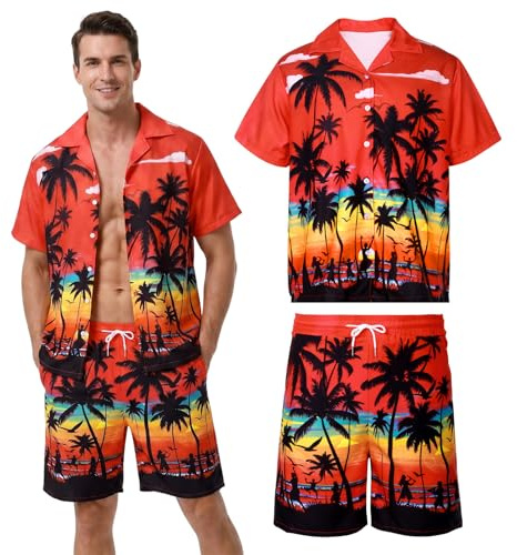 Antsparty Mens Hawaiian Shirt and Shorts Set, 2 Piece Summer Casual Shirt for Men, Hawaiian Fancy Dress for Holiday Beach Party