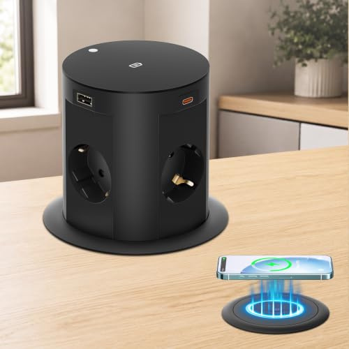 Infällbart utdragbart uttag 9-i-1 med USB-C PD 65W, 4-vägs eluttag + trådlös laddning 15W, bordsuttag för kök, kontor och bänkskiva, kabel 1,8 m, Ø100 mm