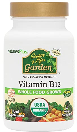 NaturesPlus Source of Life Garden Organic Vitamin B12-1000 mcg methylcobalamin - Active and Vegan Vitamin B12 Supplement - Gluten Free - 60 Capsules