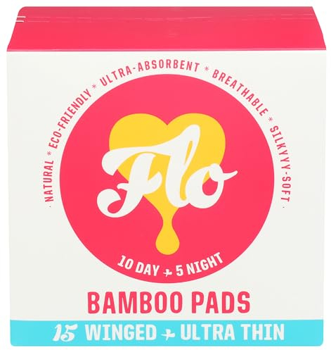 FLO Organic Bamboo Sanitary Towels with Wings – Ultra-Thin, Soft, Absorbent Period Pads for Leak-Proof Protection – 10 Day & 5 Night Combo Pack