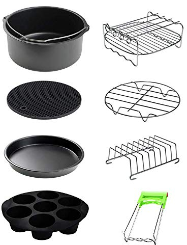 Accesorios para freidora de aire 8 piezas Kits con pinchos de silicona Mat 7 Pizza Pan Metal Holder acero inoxidable se adapta a todos 3.2QT – 6.8QT (Mediano)