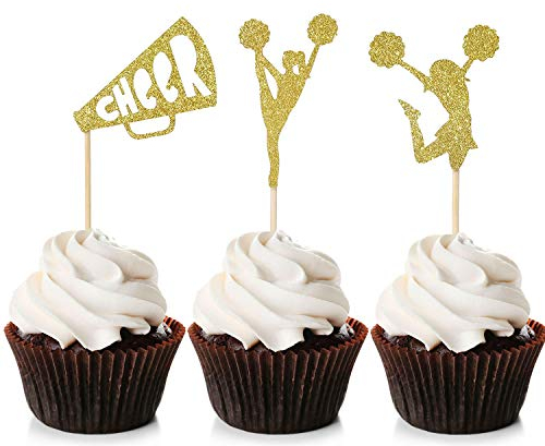 Unimall Global 24 Stück Cheerleader Cupcake Topper Gold Glitter Cheerleading Cupcake Picks Geburtstagsfeier Kuchen Dekore