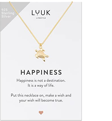 LUUK LIFESTYLE Damen Halskette mit Schildkröte Anhänger, 50cm verstellbar, wasserfest, mit HAPPINESS Spruchkarte, Geschenksidee für Freunde, beste Freundin, Mutter, Glückssymbol, Meer, Urlaub, Natur