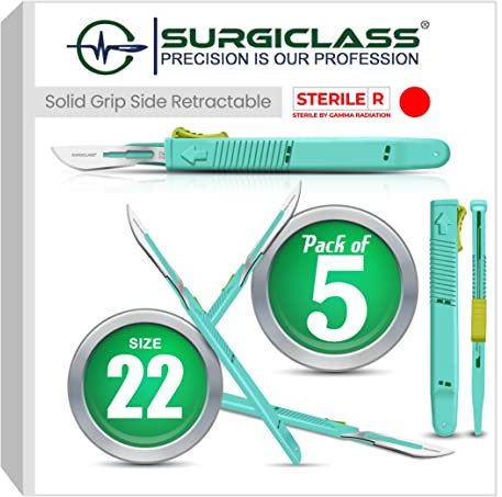 Surgical Scalpel Surgical Blades # 22 Surgical Steel Sterile ● Pack of 5 ● Retractable ● Perfect for wood art, Surgical, Sculpting, Repairs, Lab Anatomy, Sign, Card Making Lab Training SURGISID22-5