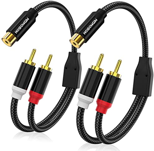 HOSONGIN 1ft RCA Splitter 1 Female to 2 Male Y Adapter 2 Pack, Short RCA Audio Speaker Splitter Cable, Double Shielding Black Nylon Braided Cable - Gold-Plated Plug - Length 12 Inch