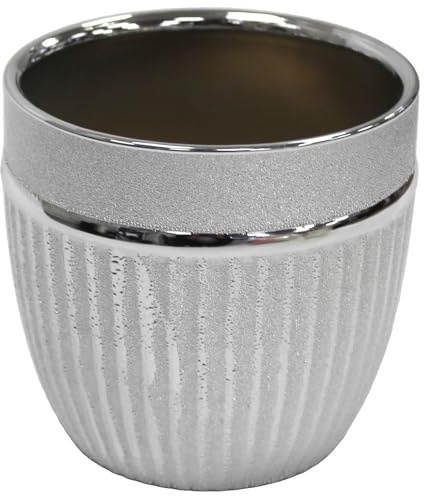 Cheerful Bargains 13cm Round Gloss Ceramic Plant Pot, Shiny Silver | 1L Ribbed Decorative Indoor/Outdoor Succulent Planter | Modern Cactus Pot for Windowsill & Shelf Display | Home/Office Flower Pot