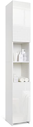 Mondeer Badschrank Hochschrank, Badezimmerschrank Schmal mit 2 Hochglanztüren und 6 Trennwänden Verstellbar Modern, 30 x 30 x 184 cm Weiß
