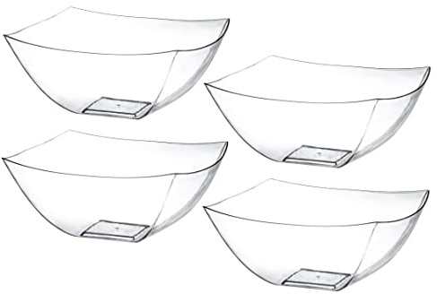 Posh Setting Clear Plastic Serving Bowls Disposable - Square Bowls - Square Candy Bowl - Plastic Snacks & Chip Bowls for Parties - Black, Gold & Clear, White Serving Dishes, 16 OZ, 4 Pack