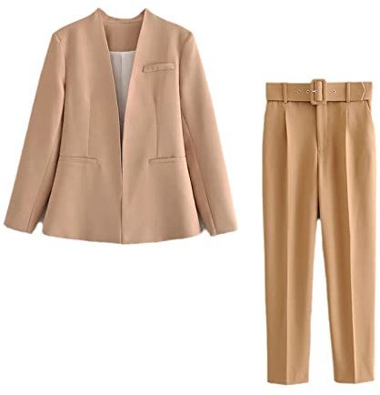 Elegante Set Donne 2 Pezzi Blazer con Pantaloni Abiti Ufficio Abiti Da Lavoro Primavera, Tuta kaki., S
