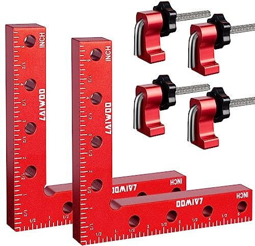 LAIWOO 90 Grad Winkel Klemme Positionierwinkel 140mm/5,5 Zoll, 4 Paare Befestigungsclips, Messwinkel Rechtwinklige Klemme für Zimmermannswerkzeug, Winkelspanner für Bilderrahmen Regalschränke (Rot)