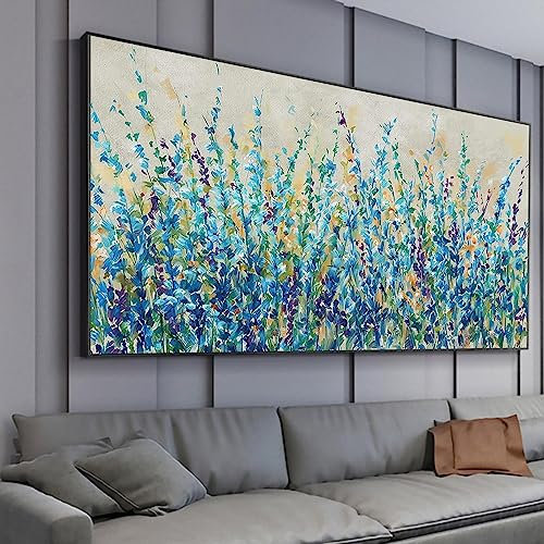 HOLEILUCK Blaue Blumenmalerei auf Leinwand, Kunstdrucke, großformatige abstrakte Blumen-XXL-Wandkunst, Gemälde, rahmenlose Kunstwanddekoration, 70 x 165 cm/28 x 65 Zoll, ungerahmt
