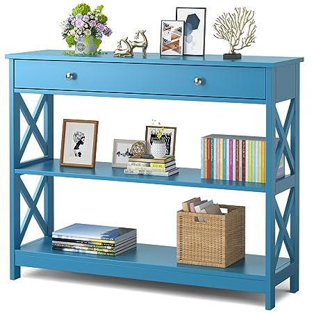 LIFEZEAL Tavolo Console a 3 Livelli, Tavolo Consolle in Legno, Tavolo d’Ingresso Sottile e Stretto, con 1 Cassetto, per Soggiorno, Corridoio, Montaggio Facile, Peso Max 95 kg, 100x30x80cm, Azzurro