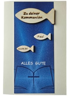 Karte zur Kommunion, Kommunionskarte, Fische, Geschenk, Glückwunsch, Name, Datum, personalisiert