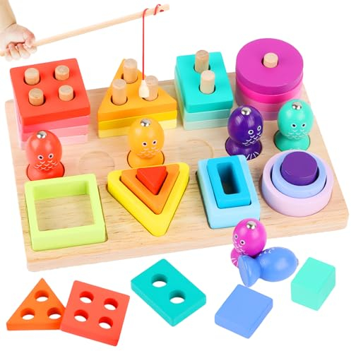 Montessori Spielzeug ab 1 2 3 Jahre, Holz Sortier- & Stapelspielzeug Steckpuzzle, Shape Sorter Puzzles, 3 in 1 Farbe Erkennung Form Sorter Angelspiel Motorikspielzeug für Kleinkind Mädchen Junge