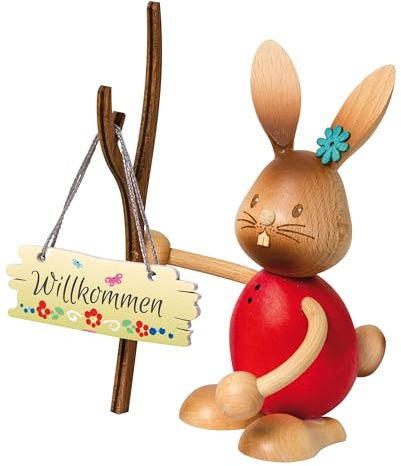 Kuhnert Drechslerei Osterdekoration/Osterhase „Stupsi Hase Herzlich Willkommen“ 11 cm, aus feinstem Holz, für EIN Bezauberndes Osterfest oder eine dauerhafte Dekoration, Holzkunst Made in Germany