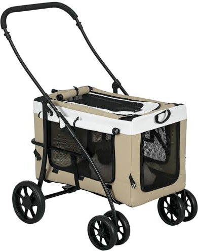 PawHut Vikbar djurvagn, hund, katt, 2-i-1, avtagbar barnvagn, 4 hjul med tygbroms 600D Oxford 81 x 58 x 97,5 cm, khaki