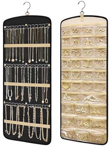 Kisvic Organizador de joyas colgante, almacenamiento de joyas de doble cara con gancho de metal, almacenamiento de cadenas para colgar pendientes, collares, anillos en armario, pared, puerta