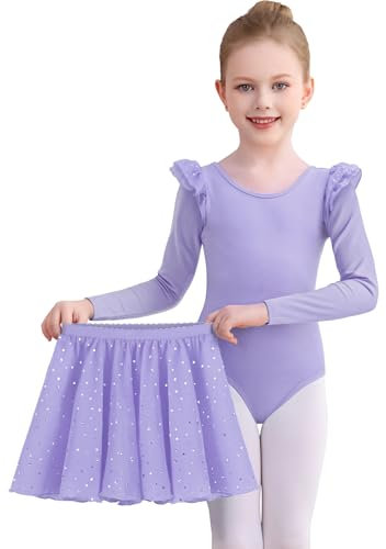 Comfyouth Ballettkleidung Mädchen Langarm Ballerina Turnanzug mit Abnehmbarem Rock Glitzer Ballettkleid Tanzkleid Kinder Ballett Trikot 2-11 Jahre