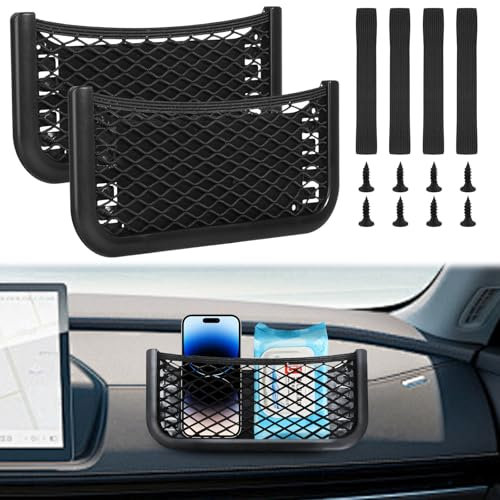 XHYASD Red de almacenamiento para coche, 2 unidades, autoadhesiva, 26 x 12 cm, red elástica con banda elástica y tornillo para teléfonos móviles, piezas pequeñas y estante en el parasol