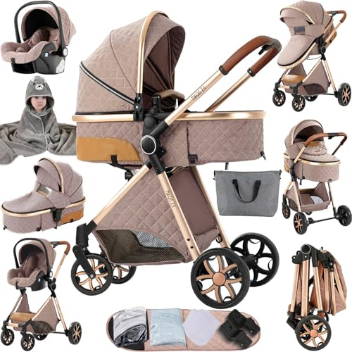 Sianldcone Passeggino 3 in 1 Trio Neonati, Tessuti di Alta Qualità Carrozzina per Neonato, Spinta Bidirezionale Passeggino Reversibile, Visione Aperta Passeggino Trolley (V9 Khaki)