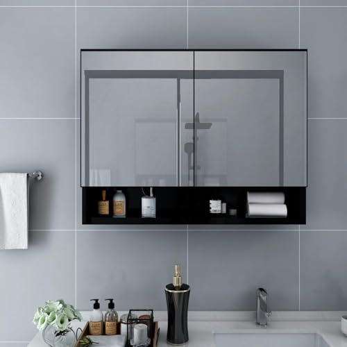 Homgoday Spegelskåp med LED Svart 80 x 15 x 60 cm MDF, Skåpskåp Skåp Golv Skåp Badrum Förvaringsskåp Hyllor Förvaringsskåp för Kontorsrum