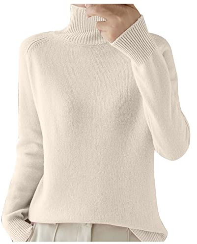 Stickad tröja dam lång, polotröja dam vinter, tröjklänning elegant stickad tröja, ledig långärmad tröja, lös fin stickad tröja, solid tröja, stickad tröja, varm vintertröja, Beige, L