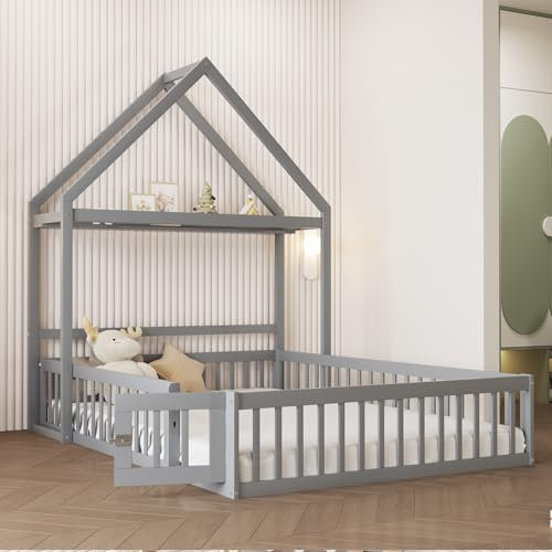 Kinderbett Bodenbett 140x200 cm mit Sicherheitsgitter&Lattenrost&Dach&Kleiderstange, Montessori Bett Bed Doppelbett Gitterbett Hausbett Holzbett Bettgestell Jugendbett, Kiefernholz, Ohne Matratze,Grau