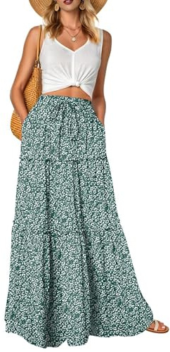 QIXING Womens Boho Skirts High Waisted Flowy Maxi Summer Skirts Trendy Floral Cute Long Skirts with Pockets(White Floral Green, L)