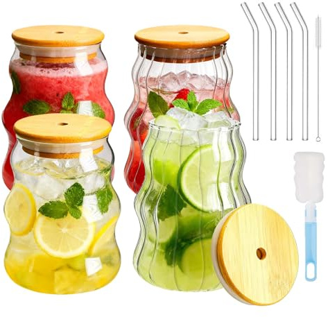 SICANAUO Lot de 4 verres de 530 ml avec couvercles en bambou et pailles en verre, verrerie nervurée vintage, tasse à café glacé, tumbler en verre transparent avec 2 brosses de nettoyage pour café