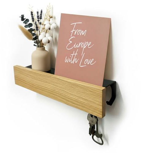 SirHoldeer Porte-clés mural noir Home Sweet Home avec étagère en chêne naturel - organiseur d’entrée en métal et bois massif, 9 crochets