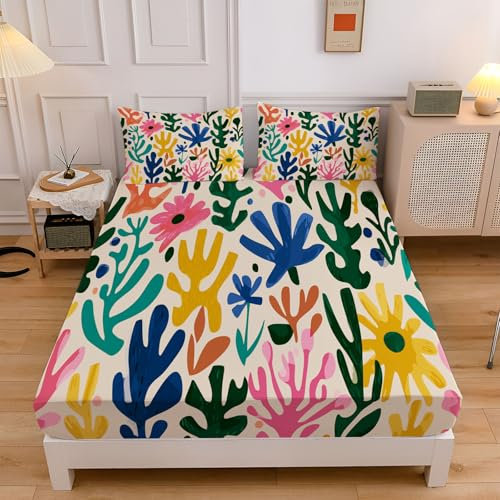 Abstract Monstera King Fitted Sheet (150X200Cm) - 2X Pillowcases - Beige Microfiber Bedding With Doodle Plant - For Pocket 30Cm - Shrinkage Fade Resistant Easy Care