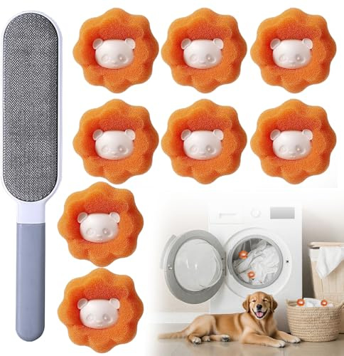 8 Stück Katzenhaarentferner Waschmaschine + 1 Bürste Haarentferner, Tierhaarentferner Waschmaschine, Wiederverwendbarer Waschmaschine Haarentferner, Anti Fussel Bälle Waschmaschine (Orange)