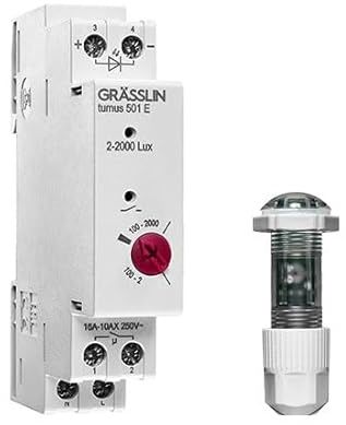Grässlin 18.18.0014.1 Turnus 501 E Dämmerungsschalter DIN-Schiene 1 TE 230V | Hutschienenmontage, externer Einbaulichtsensor, 1 Kanal, 1 TE, 2–2000 lx, 20/80 s Verzögerung, Sensorfront IP66, Leitung 50 m