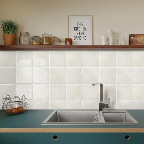 Alwayspon 25.4x25.4cmx10Pcs Cream White 3D Vinyl Wall Tile Sticker, Peel and Stick Self-Adhesive Waterproof Splashback Stick on Tile Decals for Kitchen Bathroom Wall