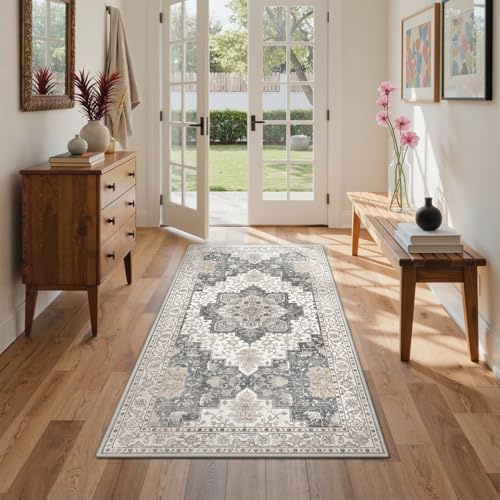 GENIMO Alfombra Salon Vintage Alfombras de Área Lavables en Máquina, Alfombras con Base Antideslizante, Alfombra de Dormitorio de Pelo Corto para Cocina, Comedor, Gris Marrón Oriental, 80X150CM
