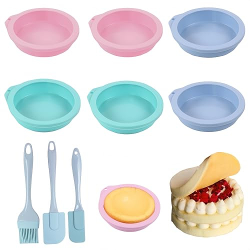 Ai-OUMLEEF 6 padelle per friggitrice ad aria calda,Stampo Torta Silicone Rotondo, 3 pennello in silicone, diametro 12 cm, in silicone, per cupcake, hamburger e pani (rosa, blu, verde)