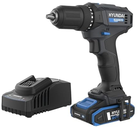 Hyundai 20V Cordless Drill Driver 40Nm, 2Ah Battery & Charger Included, 2-Speed Gearbox, 13mm Chuck, LED Work Light, Lightweight 1kg Power Drill