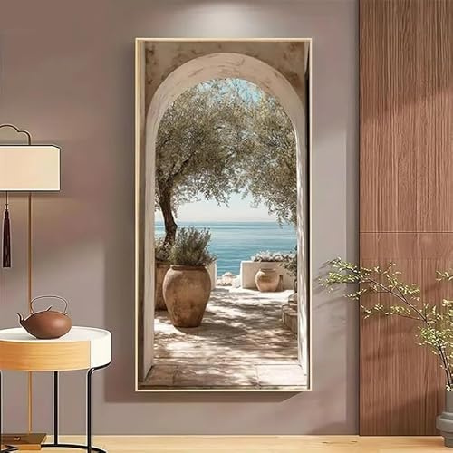 GOSRD Leinwanddruck-Poster Modernes Olivenbaum-Tor zum Meer Geeignet für das Wohnzimmer, minimalistisch realistisch (55 x 110 cm)