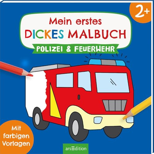 Mein erstes dickes Malbuch ab 2 – Polizei & Feuerwehr: Mit farbigen Vorlagen | Erstes Ausmalen mit einfachen Motiven zum Thema Einsatzfahrzeuge (Malbuch ab 2 Jahren)