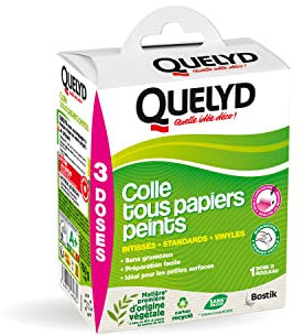Quelyd Colle Tous Papiers Peints Pré-Dosée Avec Indicateur Coloré – Papiers Peints Intissés, Standards, Vinyles et Spéciaux – Sans Grumeaux – Sans Solvant – 3 Monodoses (3 rouleaux) - 150 g