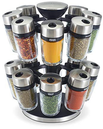 Cole & Mason Cambridge Especiero Giratorio para Hierbas y Especias 360° Para 16 Tarros, Cocina Estante de Especias/Frascos con Tapas, Acero inoxidable/Vidrio, Especias Incluye