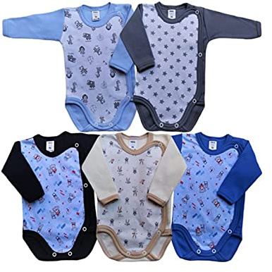 MEA BABY Unisex Baby Langarm Wickelbody mit Print 5er Pack. Baby Wickelbody Mädchen Baby Wickelbody Junge (62, Jungen)