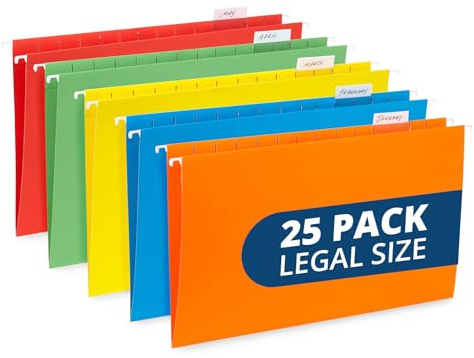 Blue Summit Legal Size Hanging File Folders, Legal Size Folders 9.5” × 14.75”, 25 Reinforced Hanging Files in Assorted Colors, Designed for Home and Office Color Coded File Organization, 25 per Box