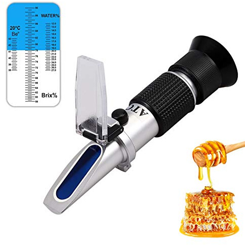 AUTOUTLET Brix Refractómetro de Miel, Escala 3 en 1, 58-92% Escala Brix, 12-27% Contenido de Agua, 38-43% Be '(Baume), Refractómetro con ATC, Ideal para Apicultura, Cosechar Miel y Hacer Sirope
