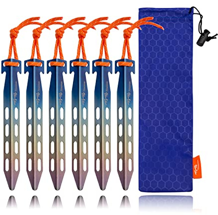 TiTo Titanium Camping Heringe,6Pcs Ultraleicht V-förmige Tragbare Zeltheringe mit Reflektierende Seila und Tragetasche für Outdoor Camping Strand Garten Zeltnägel(14 * 14 * 160MM Colorful)
